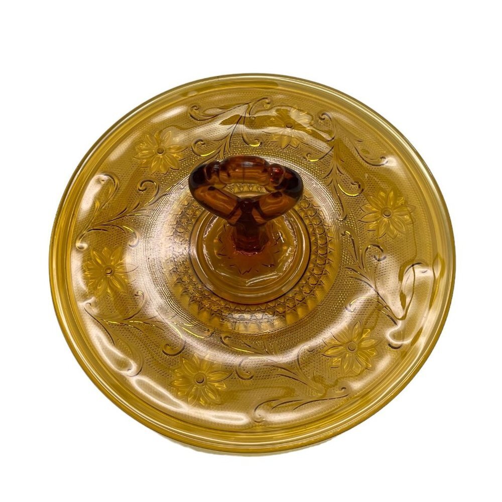 Amber Glass Handled Round Tray Plate or Centerpiece Floral Vine Pattern 12 Inch - Picture 5 of 9